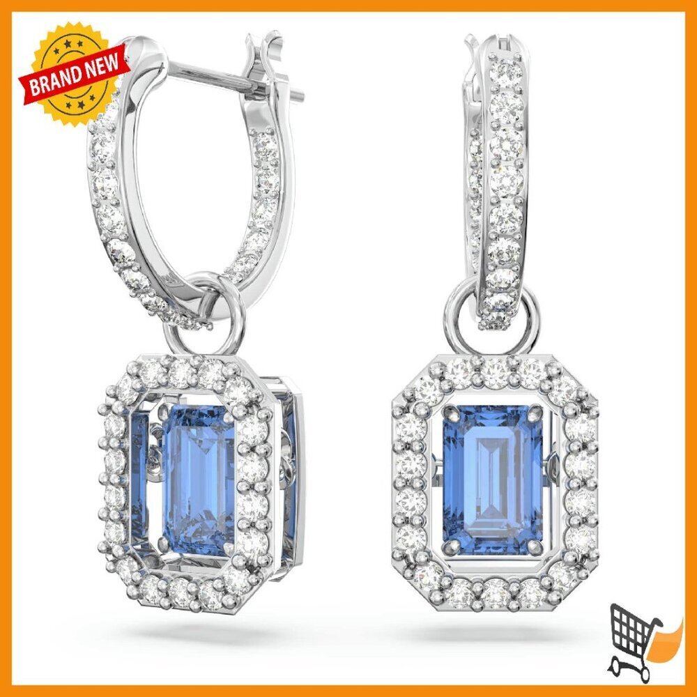 Octagon Cut Crystal Drop Earrings, Rhodium Finish, Pierced Post Setting